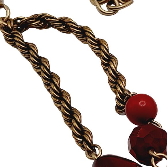 Chico’s Red Glass Beaded Necklace 38” Two Strand Gold Tone Accents Statement - Picture 6 of 11